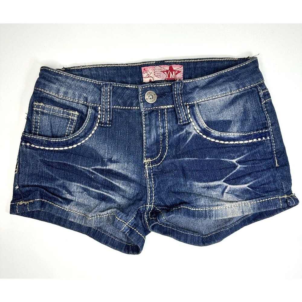 YMI Jean Shorts Girls 7 Dark Wash Denim Stitching Whisker Mid Rise NEW $34 NWOT